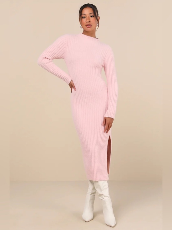 Lulus Dresses & Skirts - NWT Lulu's Soft Irresistible Feelings Light Pink Fuzzy Knit Midi Sweater Dress